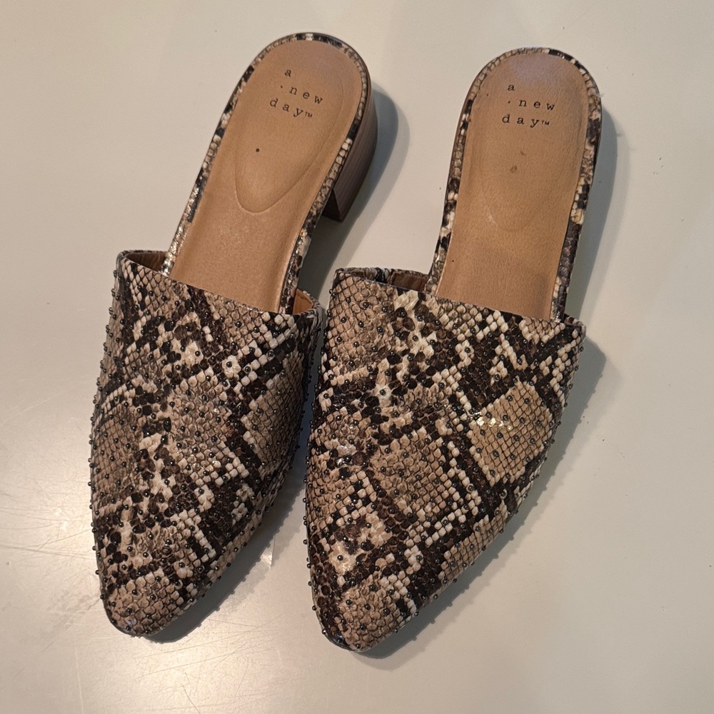 A New Day Snakeskin Pattern Mules - Tan and Black